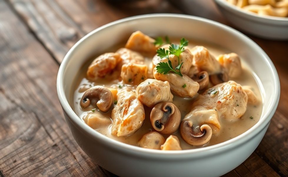 Strogonoff de frango cremoso com pedaços dourados de frango e cogumelos em molho cremoso, decorado com salsinha fresca