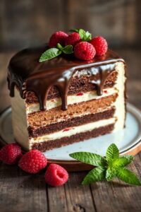 Stunning cakes com camadas alternadas de baunilha e chocolate, recheio cremoso visível e cobertura brilhante de ganache, decorado com framboesas frescas