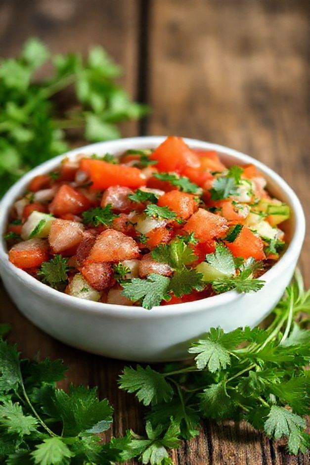 Tabule tradicional preparado com ingredientes para tabule frescos incluindo salsa, hortelã, tomate e pepino em tigela branca sobre mesa rústica