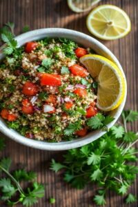 Tabule tradicional preparado com ingredientes do tabule frescos incluindo salsa, hortelã, tomate e trigo, apresentado em tigela branca com decoração de limão