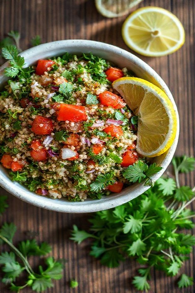 Tabule tradicional preparado com ingredientes do tabule frescos incluindo salsa, hortelã, tomate e trigo, apresentado em tigela branca com decoração de limão