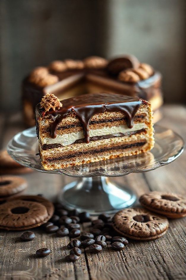 Fatia de Torta Alemã Caseira mostrando camadas de biscoito e creme, com cobertura de chocolate escuro em mesa rústica