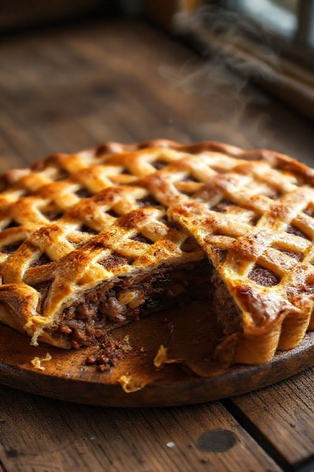 Torta de carne moída recém-assada com massa dourada e recheio suculento visível, preparada com ingredientes selecionados para sabor perfeito