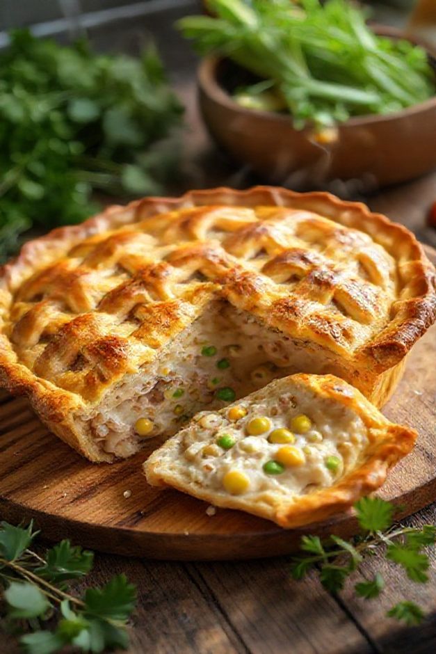 Torta de frango recém-assada com massa dourada e recheio cremoso visível - ingredientes para fazer torta perfeita