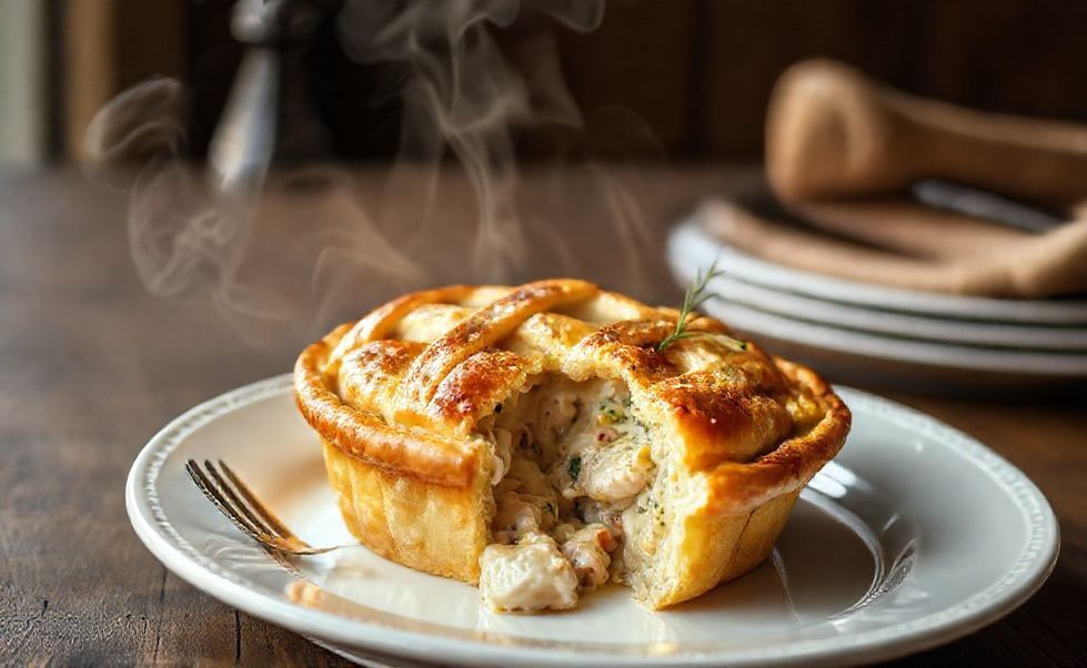 Torta de frango cremosa com massa dourada e crocante, recheio suave visível, perfeita para festa de aniversário elegante em prato branco sobre mesa decorada