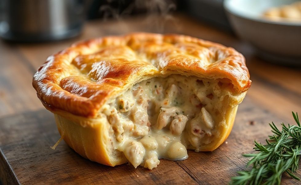 Torta de frango recém-assada com massa dourada e recheio cremoso visível, ingrediente para fazer torta de frango caseira e apetitosa