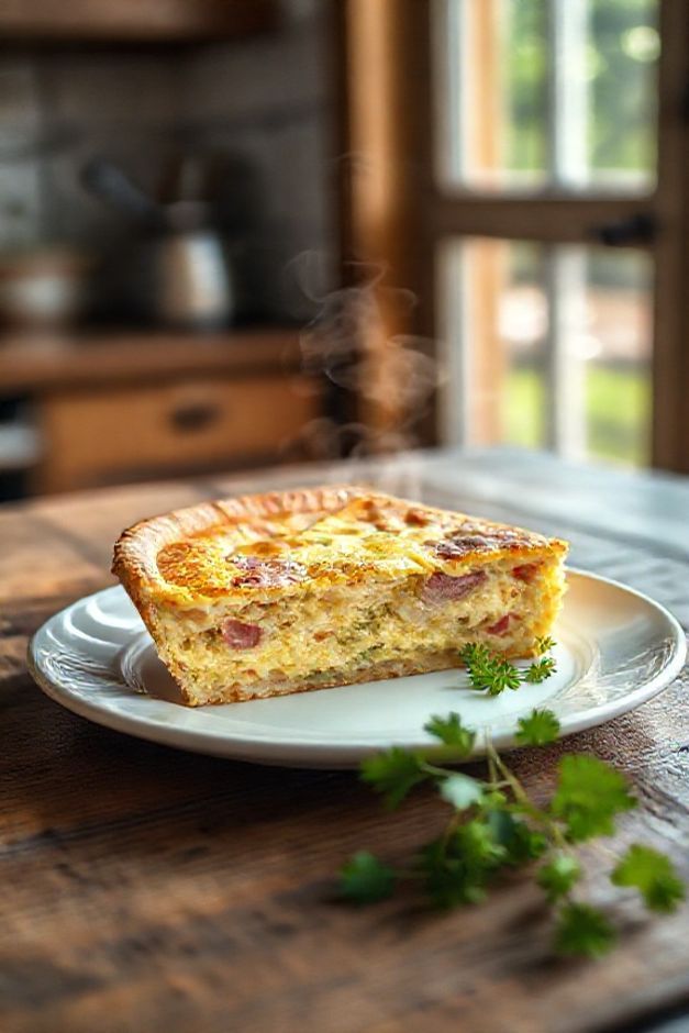 Fatia de torta de liquidificador recém-assada com massa dourada e recheio visível de presunto e queijo, sobre prato branco