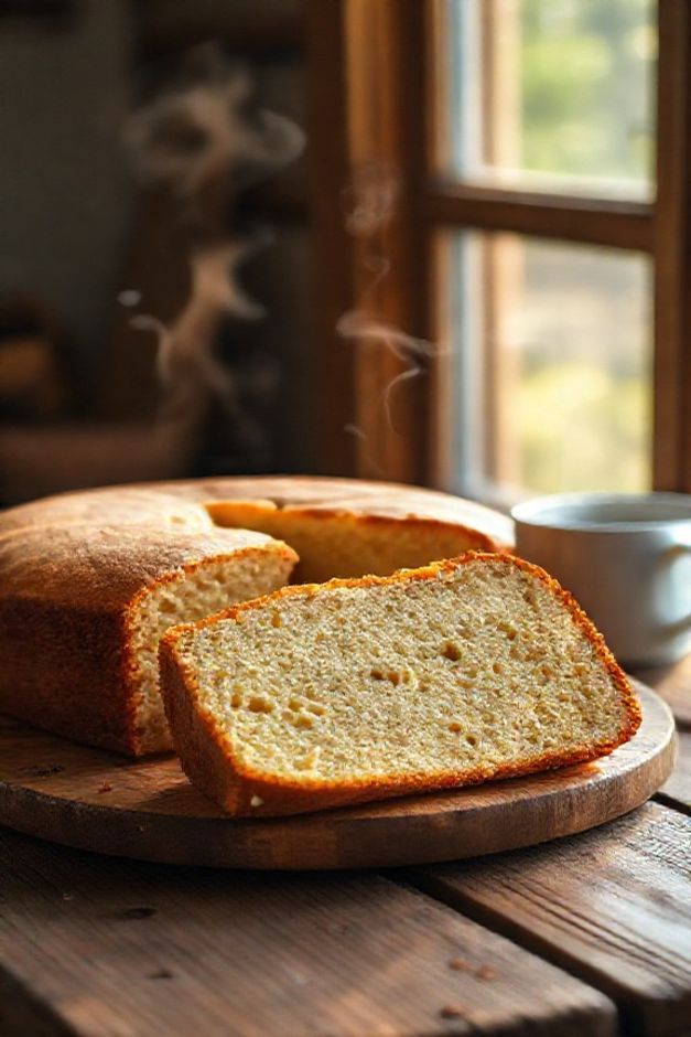 Torta de Liquidificador recém-assada com massa fofa e dourada, fatia cortada mostrando textura aerada perfeita, servida em mesa rústica