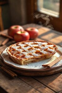 Torta de Maçã Italiana recém-saída do forno com massa trançada dourada, recheio cremoso de maçã visível entre as tiras, polvilhada com açúcar de confeiteiro