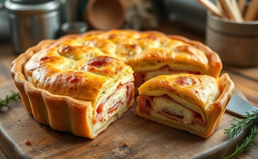 Torta Salgada de Liquidificador recém-assada com massa dourada e recheio de presunto e queijo, cortada mostrando camadas cremosas