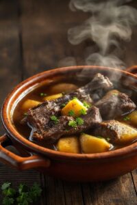 Prato tradicional de vaca atolada com costela bovina suculenta e mandioca cremosa em caldo aromático, servido em panela de barro