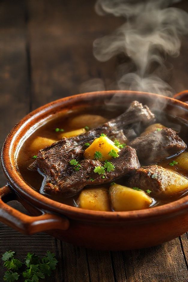 Prato tradicional de vaca atolada com costela bovina suculenta e mandioca cremosa em caldo aromático, servido em panela de barro