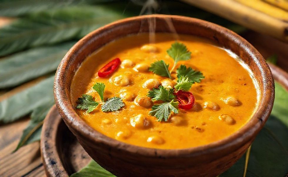 Vatapá baiano cremoso servido em tigela de barro com textura lisa e pedacinhos de castanhas visíveis, decorado com coentro fresco