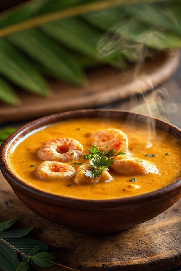 Prato tradicional de vatapá baiano cremoso com camarões, servido em bowl de barro sobre mesa rústica com decoração de folhas verdes