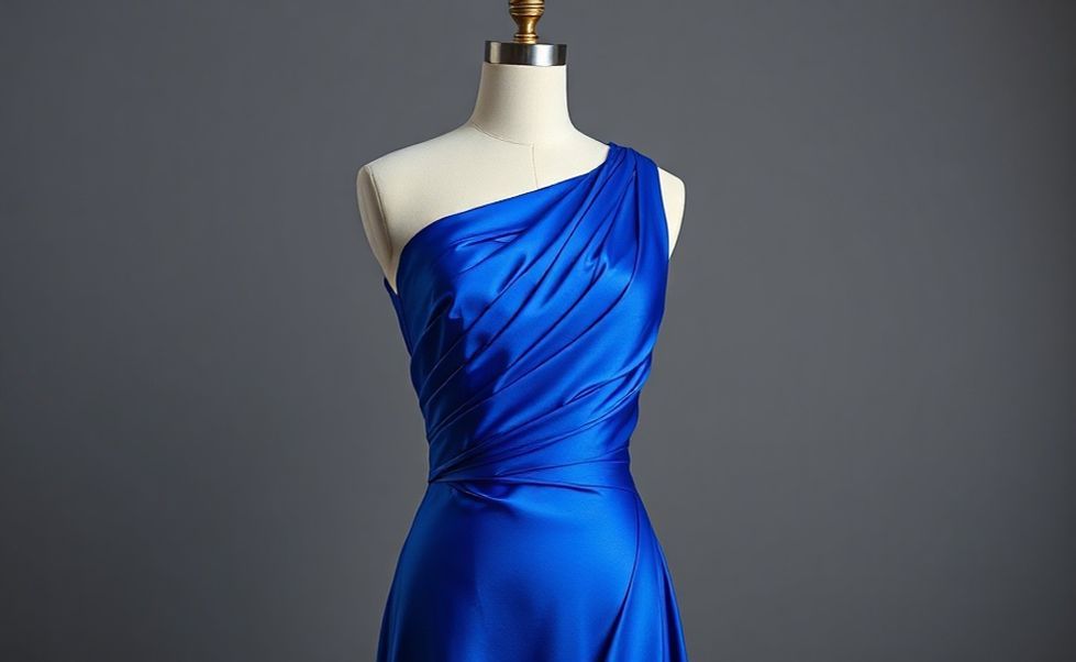 Vestido de festa azul royal em cetim luxuoso com caimento perfeito, mostrando costuras profissionais e acabamento impecável em manequim de alfaiataria