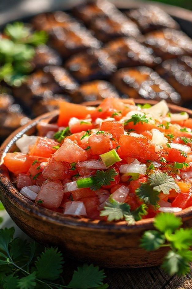 Vinagrete tradicional brasileiro com ingredientes do vinagrete frescos incluindo tomates vermelhos, cebola branca e pimentão verde picados, servido em tigela cerâmica