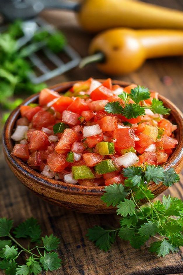 Tigela com ingredientes para vinagrete tradicional brasileiro mostrando tomates vermelhos, pimentões coloridos, cebola e salsinha fresca picados