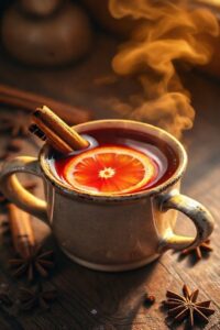 Vinho quente aromático servido em caneca com rodelas de laranja e canela, mostrando os ingredientes vinho quente em apresentação convidativa