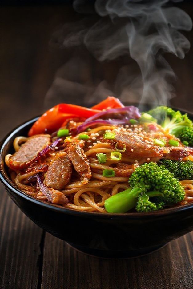 Yakisoba pronto com macarrão brilhante, legumes coloridos crocantes e tiras de carne, mostrando os ingredientes para fazer yakisoba autêntico