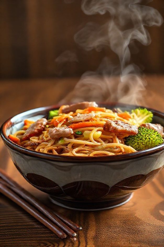 Yakissoba simples pronto com macarrão, legumes coloridos e tiras de carne em bowl cerâmico, mostrando texturas crocantes e molho brilhante