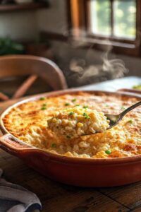 Arroz de forno com frango gratinado em refratário, com camadas cremosas de arroz, frango desfiado e legumes, coberto com queijo derretido.