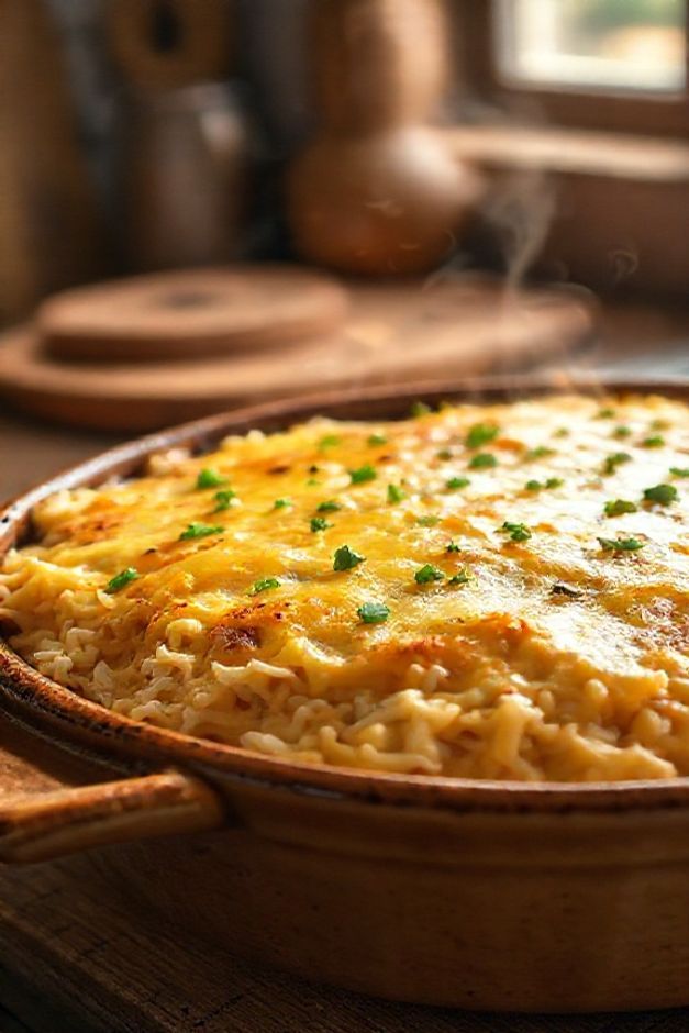 Arroz de forno com frango gratinado em um refratário, com camadas visíveis, queijo derretido dourado e salsa picada por cima.