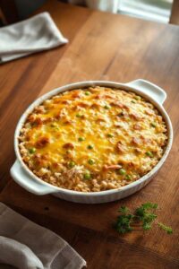 Arroz de forno com frango gratinado em travessa branca, com queijo derretido dourado, ervilhas verdes e pedaços de frango visíveis.