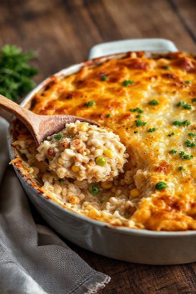 Arroz de forno com frango gratinado em travessa refratária, com queijo derretido dourado, pedaços de frango visíveis e salsa picada por cima.
