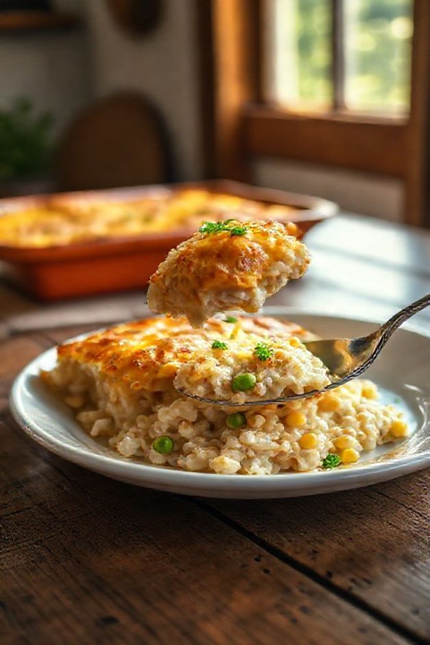 Prato finalizado de Arroz de Forno com Frango, com queijo gratinado dourado cobrindo uma mistura cremosa de arroz, frango desfiado, milho e ervilha.