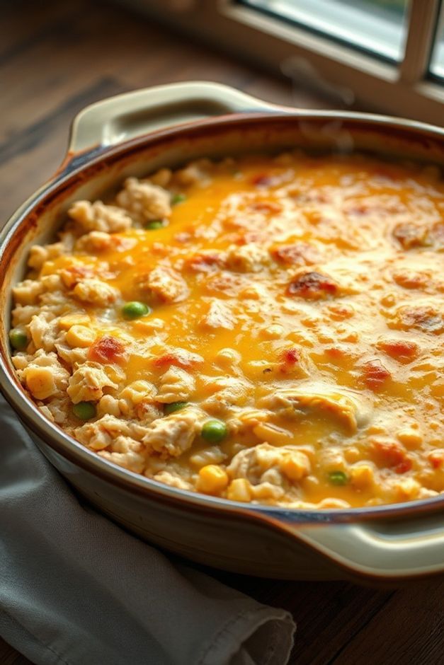 Arroz de forno com frango cremoso em um refratário, com queijo derretido e dourado por cima, grãos de milho e ervilhas visíveis.