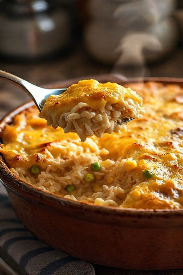 Arroz de forno com frango cremoso em um refratário, com crosta dourada de queijo derretido e recheio visível com frango desfiado, milho e ervilhas.