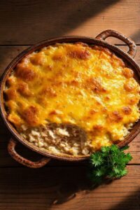 Arroz de forno com frango gratinado em refratário, com topo dourado de queijo derretido e interior cremoso visível nas bordas.