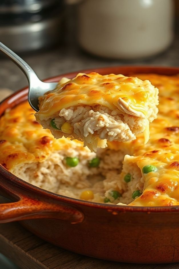 Arroz de forno com frango cremoso em um refratário, com crosta dourada de queijo derretido e recheio visível com frango desfiado, milho e ervilhas.