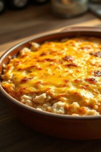 Arroz de forno com frango gratinado em um refratário, com queijo derretido dourado e visível pedaços de frango desfiado e milho.