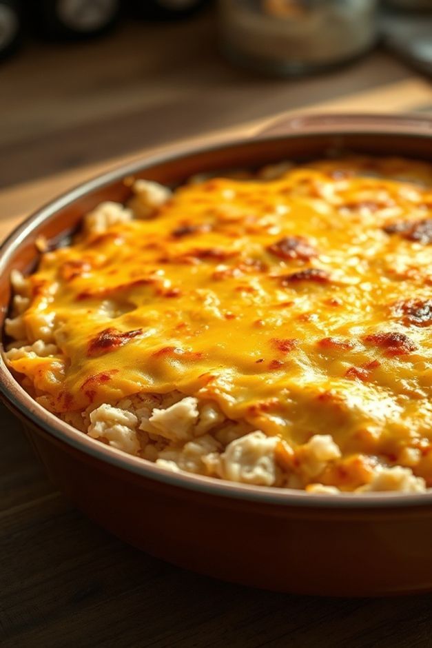 Arroz de forno com frango gratinado em um refratário, com queijo derretido dourado e visível pedaços de frango desfiado e milho.