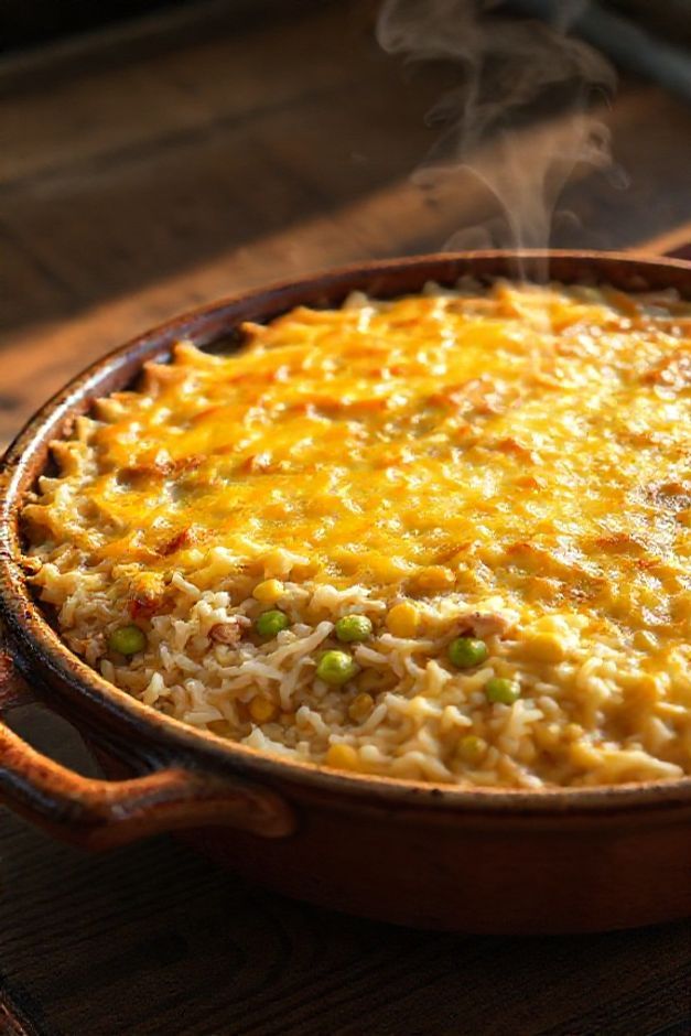 Arroz de forno com frango cremoso em um refratário, com crosta dourada de queijo derretido e grãos de milho visíveis.