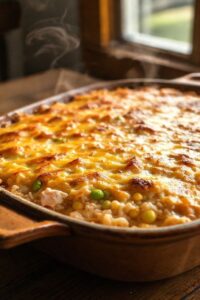 Arroz de forno com frango gratinado em travessa refratária, com crosta dourada de queijo derretido e pedaços visíveis de frango e milho.