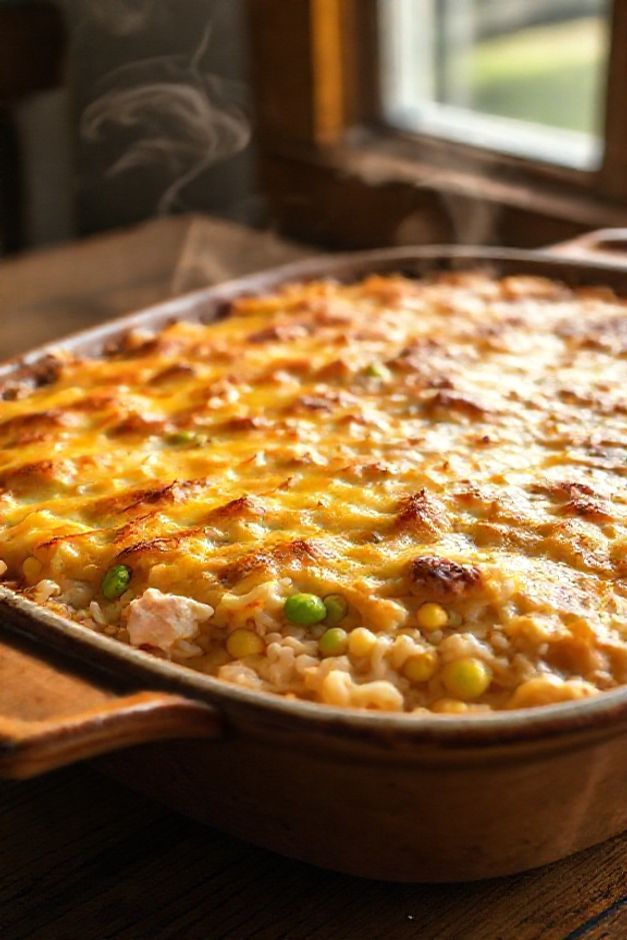Arroz de forno com frango gratinado em travessa refratária, com crosta dourada de queijo derretido e pedaços visíveis de frango e milho.