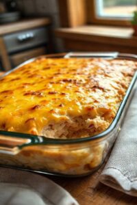 Arroz de forno com frango cremoso gratinado com queijo dourado, servido em um refratário, prato principal completo.