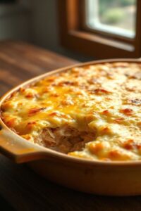 Arroz de forno com frango gratinado em um refratário, com queijo derretido dourado e pedaços visíveis de frango desfiado e milho.