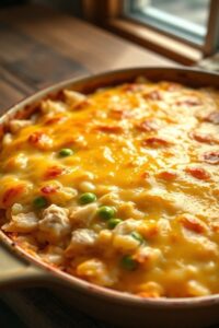 Arroz de forno com frango cremoso em refratário, com queijo derretido e dourado por cima, pedaços de frango e legumes visíveis.