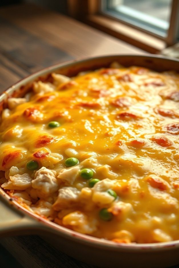 Arroz de forno com frango cremoso em refratário, com queijo derretido e dourado por cima, pedaços de frango e legumes visíveis.