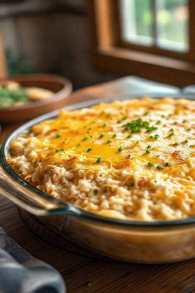 Arroz de forno com frango cremoso em travessa refratária, com queijo gratinado dourado e salpicado com salsa fresca.