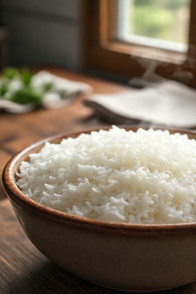 Arroz branco soltinho e macio em uma tigela cerâmica, resultado do passo a passo de como fazer arroz perfeitamente.