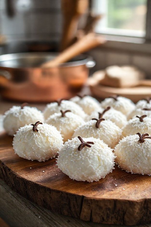 Beijinho Simples de Panela: docinhos brancos redondos cobertos de açúcar cristal, decorados com cravo, sobre tábua de madeira.