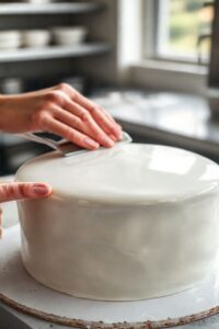 Massa de biscuit branca e lisa sendo aplicada em um bolo redondo, mostrando o resultado do como fazer biscuit caseiro para decoração.