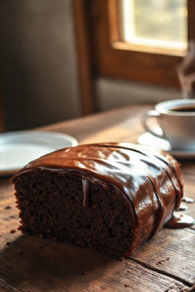 Fatia de Bolo Baeta Mineiro caseiro com massa escura úmida e cobertura cremosa de chocolate escorrendo, sobre mesa rústica.