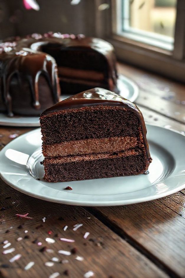 Fatia generosa do Bolo Bomba de Chocolate (Clássico de Festa), mostrando a massa escura úmida, recheio cremoso claro e cobertura brilhante de ganache escorrendo.