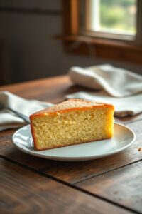 Fatia de Bolo Caseiro de Manteiga dourado sobre tábua de madeira, com miolo amarelo claro e macio.