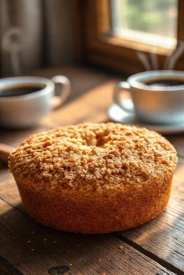 Bolo Cuca Gaúcha com Farofa recém-saído do forno, com cobertura crocante dourada e massa amarela macia, em cima de uma tábua de madeira.